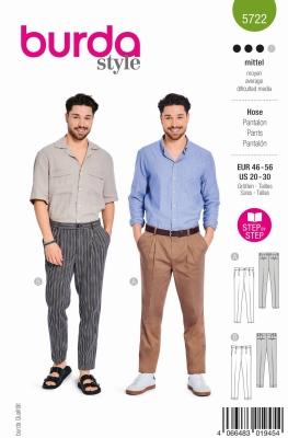 Envelope sewing pattern shows a slim Low-rise pants with pressed creases of 5722 Burda