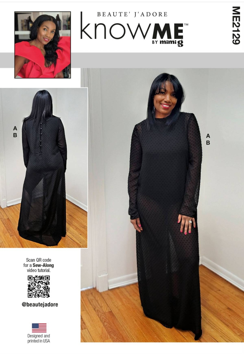 Schnittmusterhülle zeigt ein enger Bodysuit und hochgeschlossenes Damenkleid Beaute Jadore für 2129 von knowME