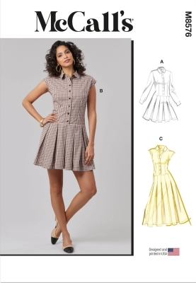Envelope sewing pattern shows a chic shirt dress with half button placket and pleated skirt of 8576 McCalls