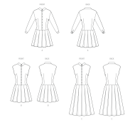 Modeldrawing of sewing pattern McCalls 8576 for chic shirt dress with half button placket and pleated skirt