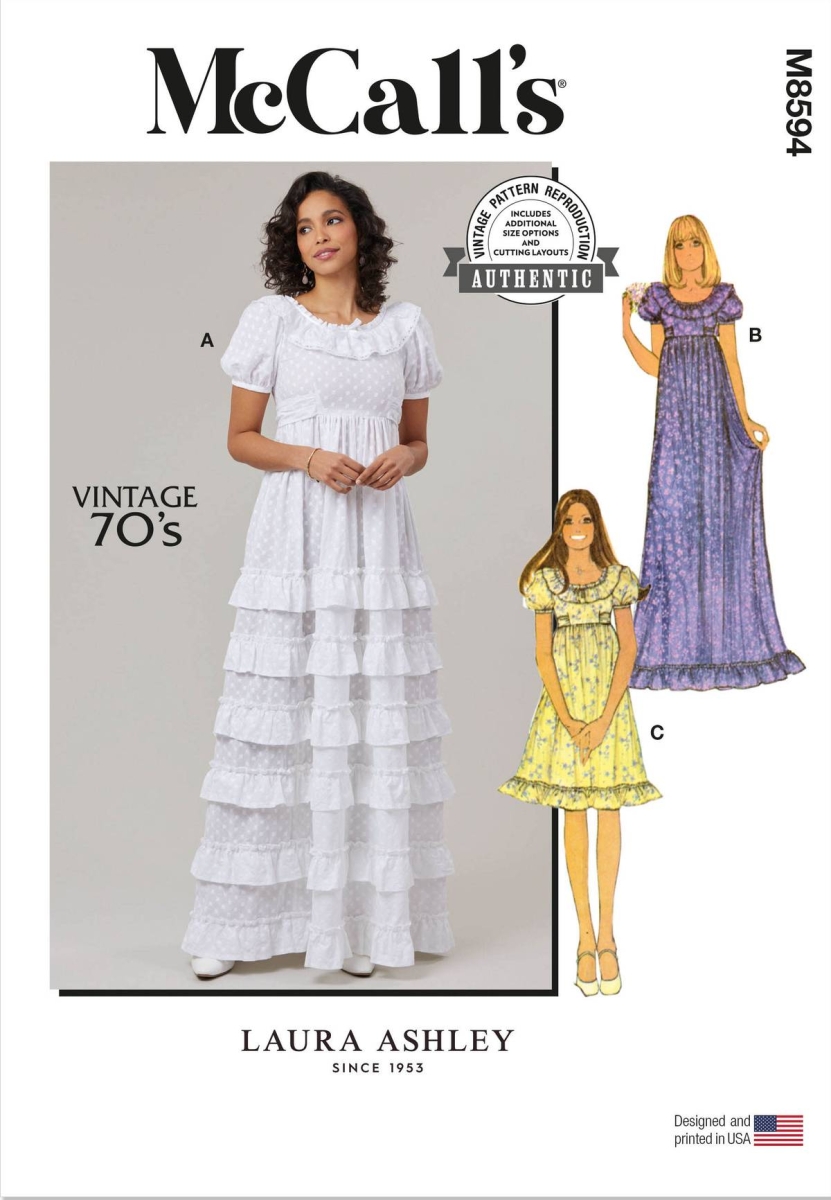 Schnittmusterhülle zeigt ein authentisches 70er-Jahre-Vintage-Kleid mit Saumrüsche für 8594 von McCalls