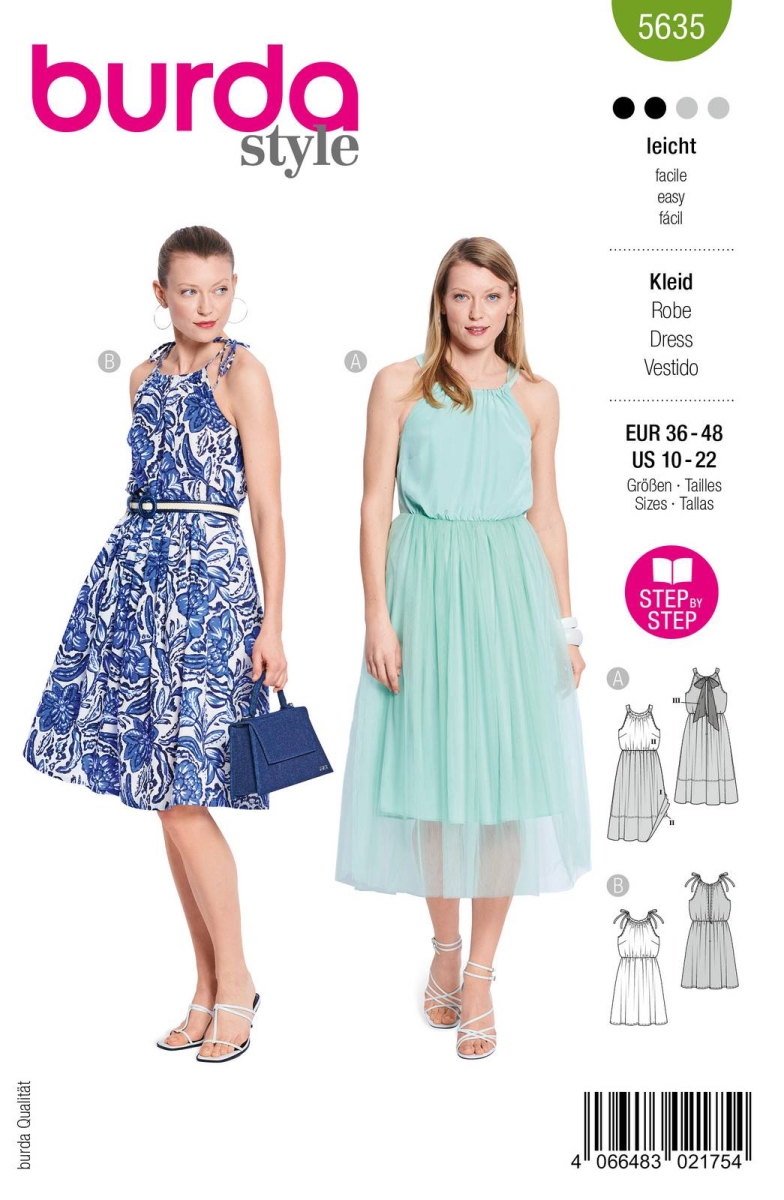 Schnittmusterhülle zeigt ein sommerliches Damenkleid mit Überrock und Träger am Ausschnitt, auch zum Binden für 5635 von Burda