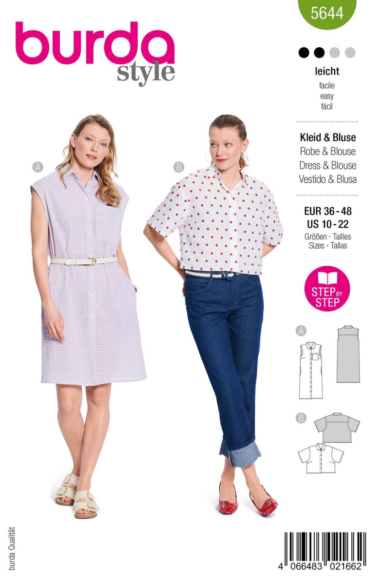 Envelope sewing pattern shows a short misses blouse or misses dress fully buttoned shirt dress of 5644 Burda