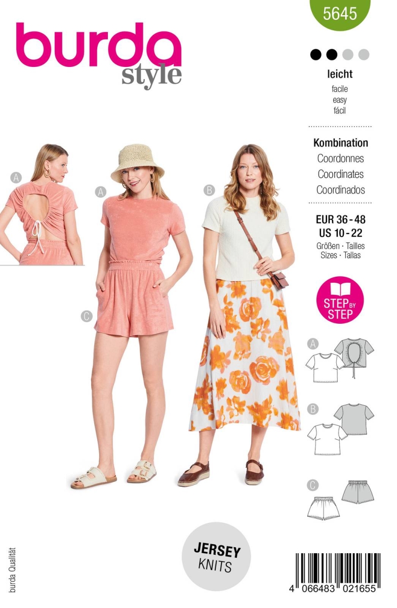 Envelope sewing pattern shows a summery misses set top with gathered back neckline shirt and shorts of 5645 Burda
