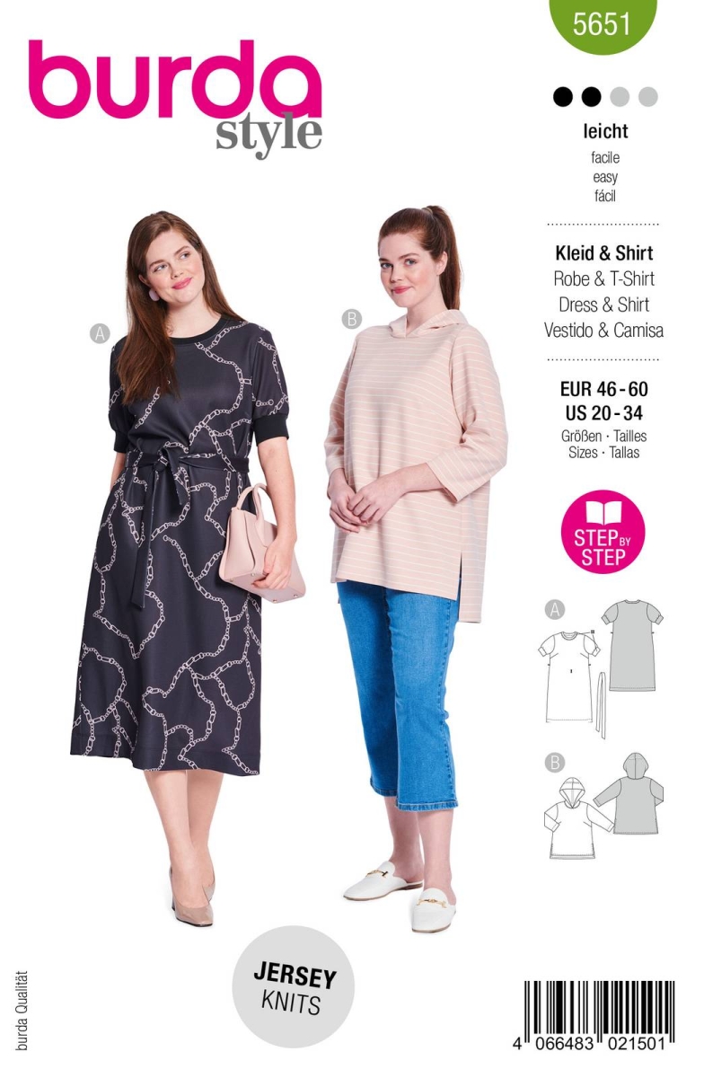 Schnittmusterhülle zeigt ein gerades Damenkleid, auch als Hoodie mit hinten längerem Saum für 5651 von Burda