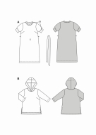 Modellzeichnung für das Schnittmuster 5651 von Burda für ein gerades Damenkleid, auch als Hoodie mit hinten längerem Saum