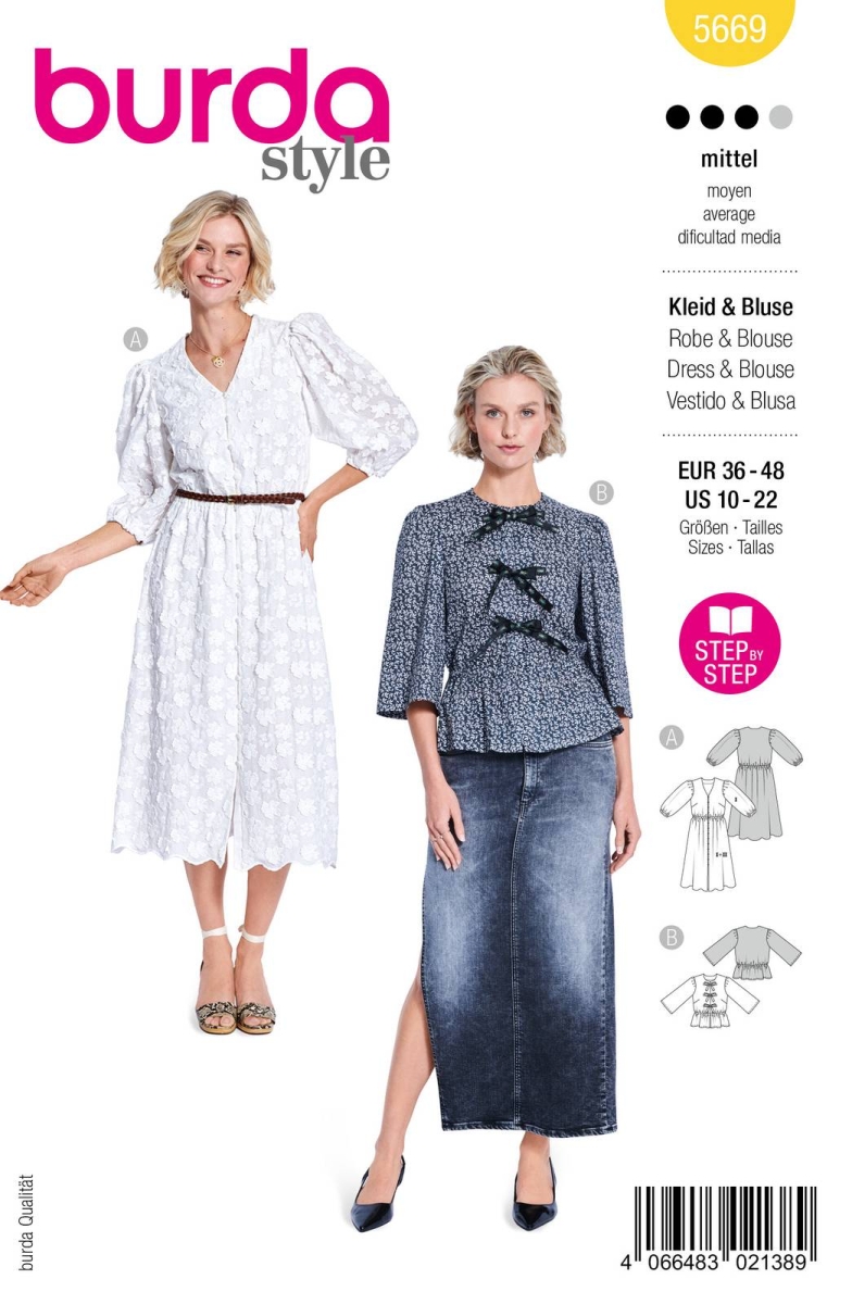 Schnittmusterhülle zeigt ein durchgeknöpftes Damenkleid mit Puffärmeln, auch als Bluse für 5669 von Burda