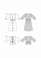 Modellzeichnung für das Schnittmuster 5669 von Burda für ein durchgeknöpftes Damenkleid mit Puffärmeln, auch als Bluse