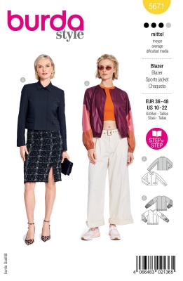 Envelope sewing pattern shows a short misses jacket blouson jacket with patch pockets of 5671 Burda