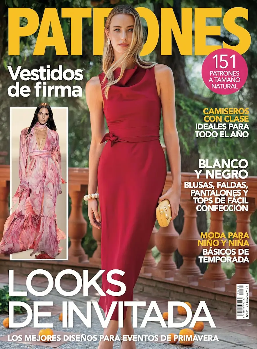 Patrones 481 cover featuring an elegant red dress and occasion wear.