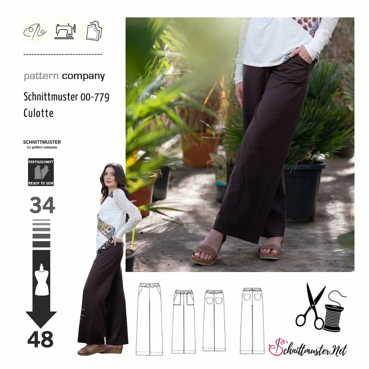 Schnittmusterhülle zeigt eine bequeme Damenhose, Culotte mit Taschenvariationen für 00779 von pattern company