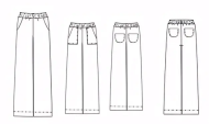 Modellzeichnung für das Schnittmuster 00779 von pattern company für eine bequeme Damenhose, Culotte mit Taschenvariationen
