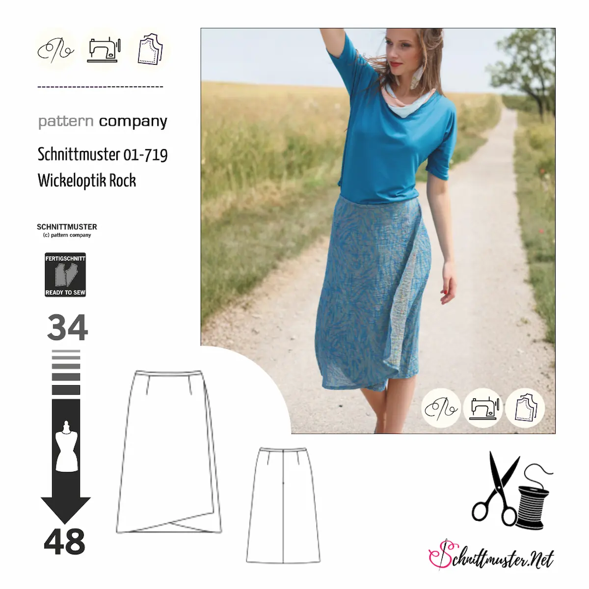 Schnittmusterhülle zeigt ein hübscher Damenrock, Wickelrock mit Taillenabnähern für 01719 von pattern company