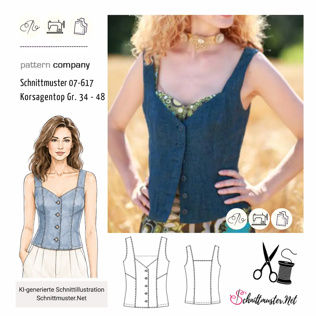 Schnittmusterhülle zeigt ein geknöpftes Miedertop mit schmalen Trägern für 07617 von pattern company