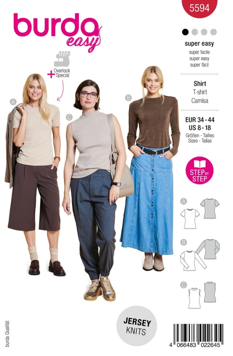 Schnittmusterhülle zeigt ein einfaches Damenshirt, T-Shirt, Longsleeve, Rolli für 5594 von Burda