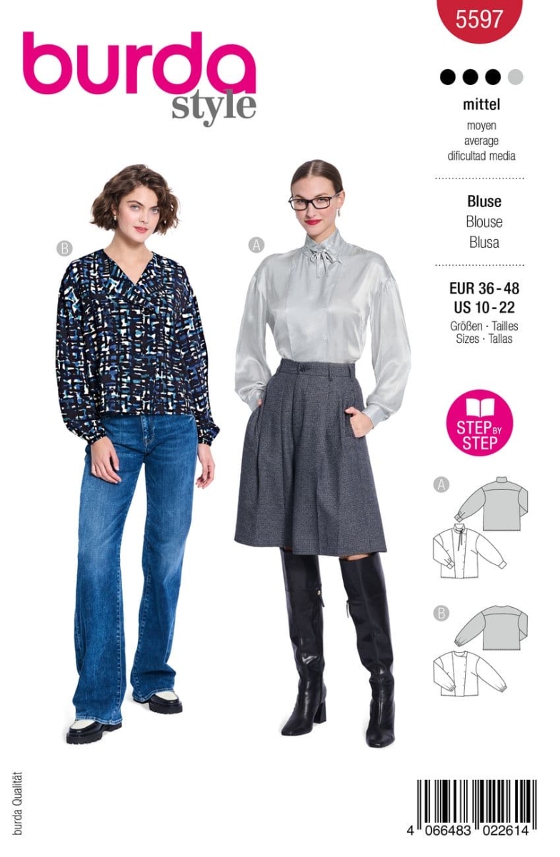 Schnittmusterhülle zeigt eine feminine Damenbluse mit Schulterpasse für 5597 von Burda