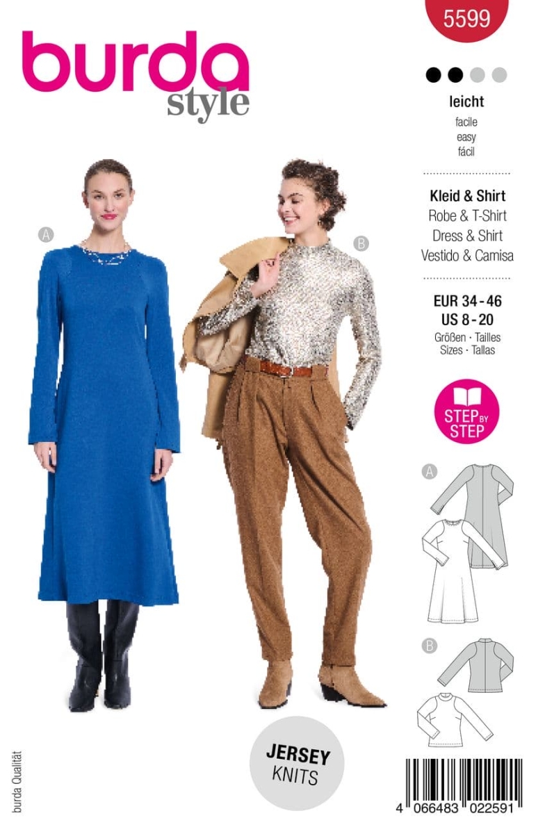 Schnittmusterhülle zeigt ein ausgestelltes Jersey-Kleid für Damen für 5599 von Burda