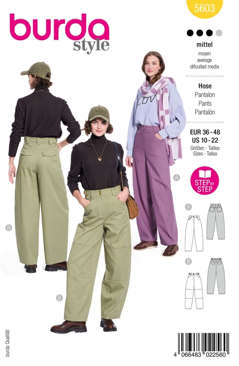 Schnittmusterhülle zeigt eine modische Damenhose als Karottenhose für 5603 von Burda