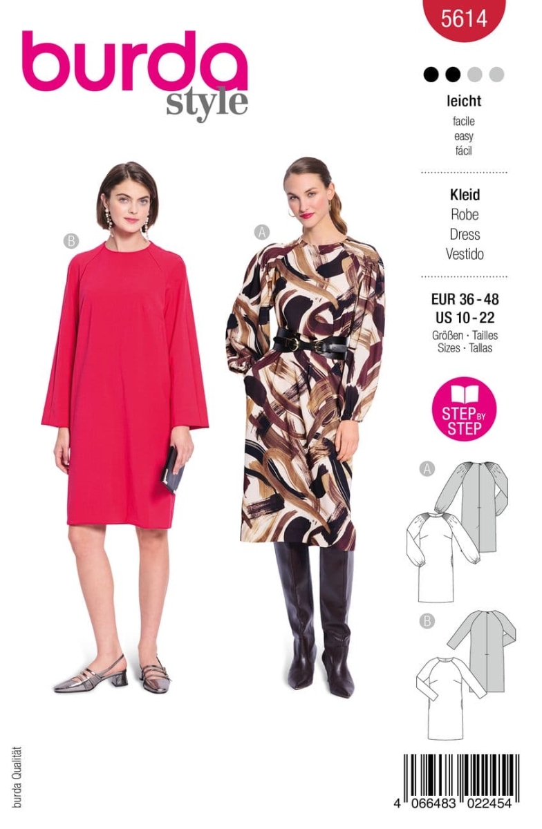 Schnittmusterhülle zeigt ein hübsches Damenkleid mit angerüschten Ärmeln für 5614 von Burda