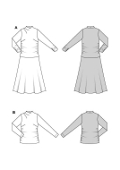 Modellzeichnung für das Schnittmuster 5616 von Burda für ein figurnahes Jerseykleid mit seitlicher Raffung