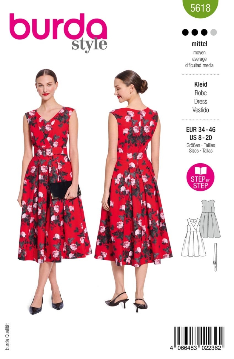 Schnittmusterhülle zeigt ein feminines Damenkleid mit tiefen Kellerfalten für 5618 von Burda