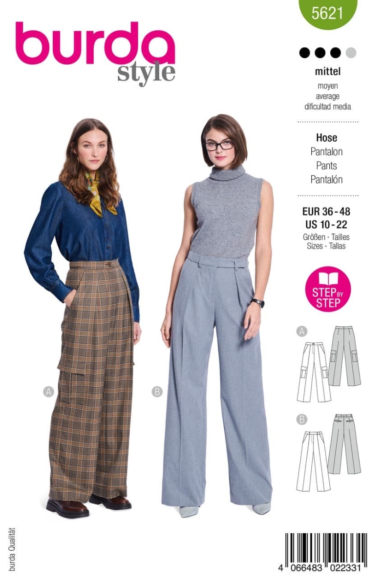 Schnittmusterhülle zeigt eine klassische Damenhose mit Bügelfalte für 5621 von Burda