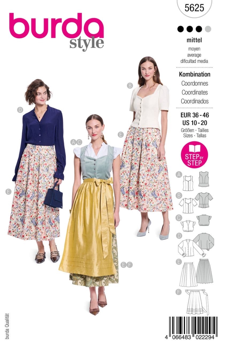 Schnittmusterhülle zeigt ein modisches Damendirndl mit passender Dirndlbluse und Schürze für 5625 von Burda
