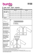 Schnittmuster hübsche Kinderjacke mit vorderem Reißverschluss und Kapuze Burda 9188 Gr. 68-104