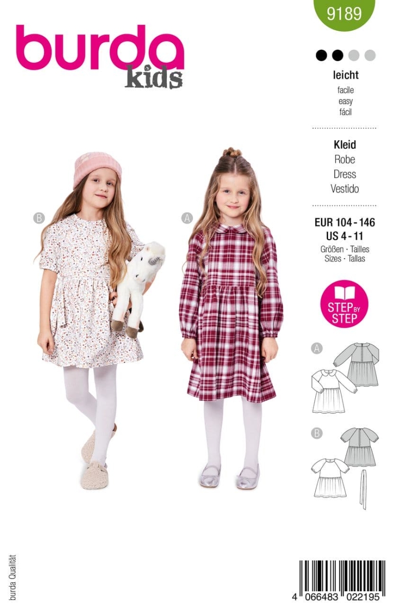 Schnittmusterhülle zeigt ein niedliches Mädchenkleid mit Raglanärmeln für 9189 von Burda