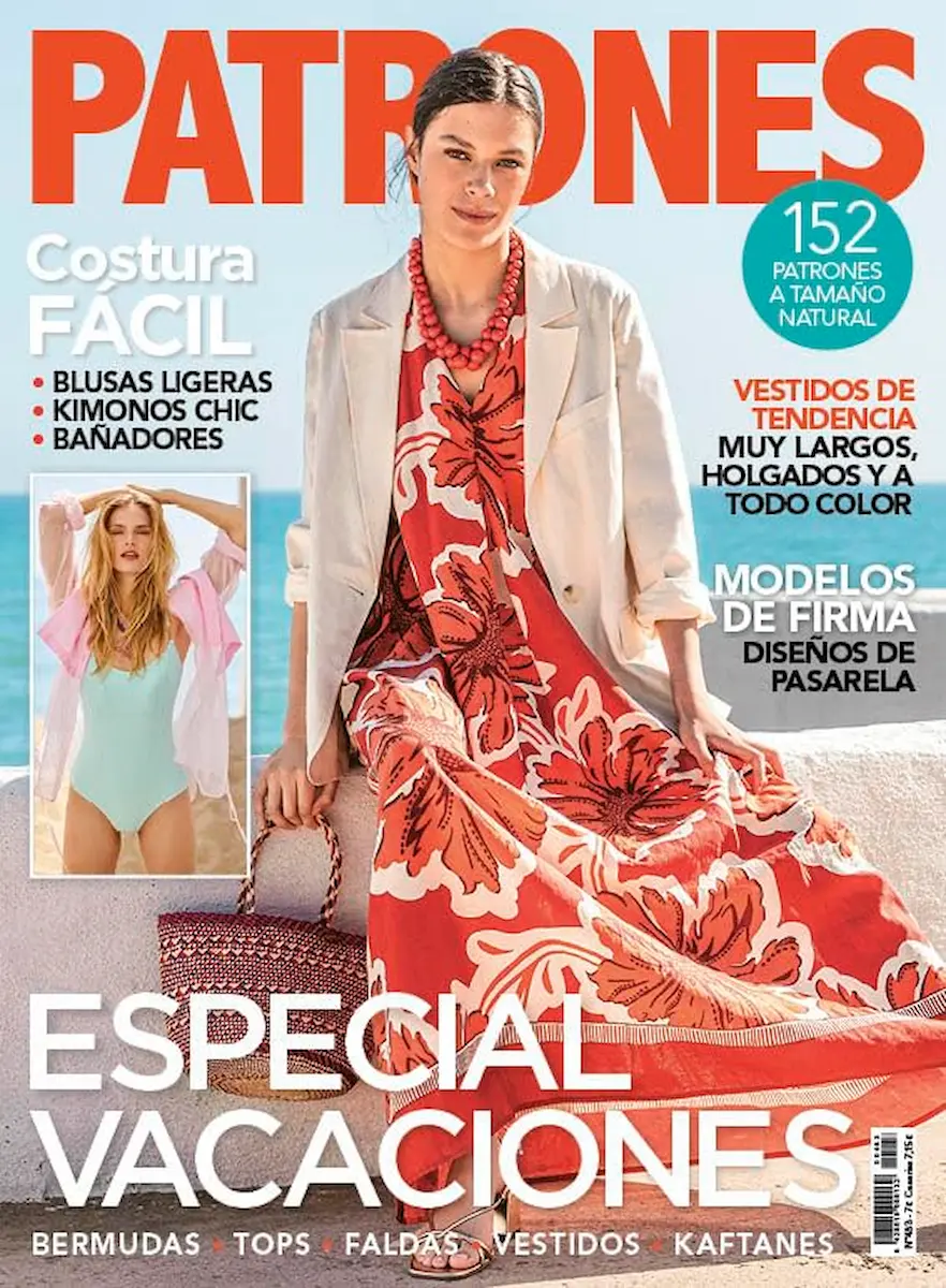 Patrones 483 Cover mit rotem Sommerkleid, Blazer und Schnittmustern für Urlaubsmode
