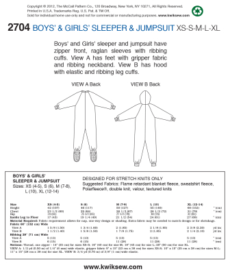 Schnittmuster aus Papier KwikSew 2704 Kinder Schlafanzug Gr. 107-152cm
