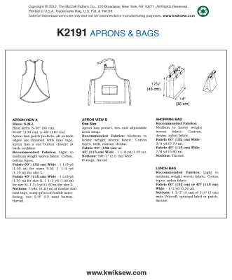 Schnittmuster aus Papier KwikSew 2191 einfache Schürze S-M-L, Lunchbeutel, Tasche