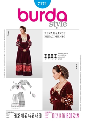 deutsch sewing pattern Burda 7171 Historisches Kleid, Renaissance Gr. 10-24 (36-50)
